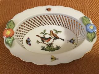 Gorgeous Herend Rothschild Bird Porcelain Basket Dish Bowl
