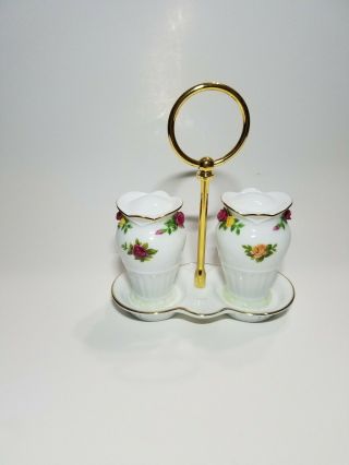 Royal Albert Old Country Roses Salt & Pepper Shakers With Holder/tray,