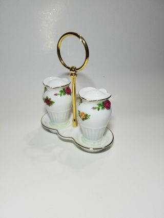 Royal Albert Old Country Roses Salt & Pepper Shakers with Holder/Tray, 4