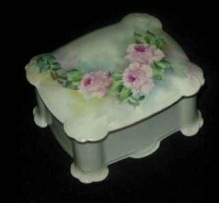M Z Austria Hand Painted Pink Roses Covered Jewelry Box 1884