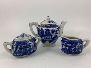 5 Piece Vintage Child’s Blue Willow Teapot,  Cream Pitcher & Sugar Bowl Japan
