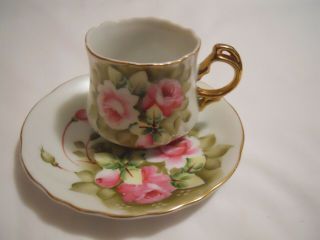 Vintage Lefton Teacup & Saucer Green Heritage Pink Roses Gold 1151 Hand Painted