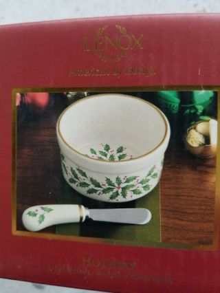 Lenox Christmas Holiday Dip Bowl With Spreader Holly & Berries Butter Cheese