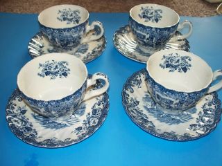 4 Johnson Brothers Coaching Scenes Transferware Cups & Saucers Blue & White