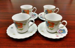 Set Of 4 Paris By Wellin Fine China Japan White Colorful Flowers Cups Saucers