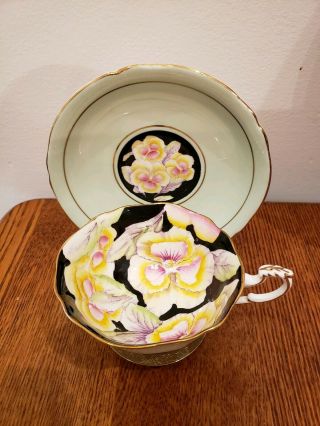 Paragon China Pansies On Black Cup And Saucer Her Majesty
