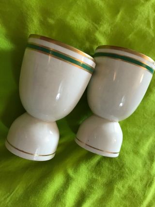 2 Antique Art Deco Pottery Double Egg Cups Gold Green Stripes