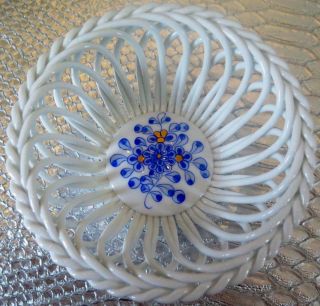 Vintage Herend Hungary Porcelain Hand Painted Blue Garden Open Weave Basket