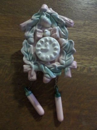 Vintage Pink & Aqua Ceramic Coo - Clock Wall Pocket Planter.  Acorns,  Leaves