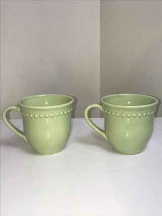 Pottery Barn Set Of 2 Emma Green Beaded Coffee Tea Mugs Farmhouse Southern Decor