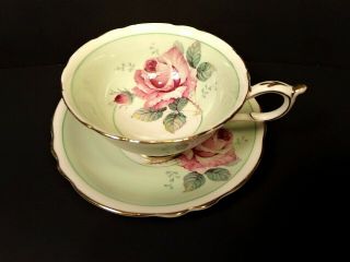 Paragon Double Warrant Fine China Tea Cup Saucer Light Green Pink Cabbage Rose
