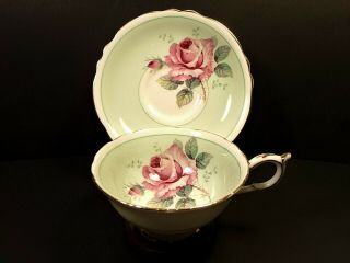PARAGON Double Warrant Fine China Tea Cup Saucer Light Green Pink Cabbage Rose 2