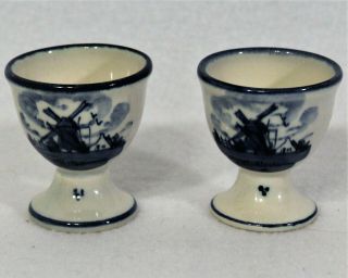 Set Of 2 Vintage Ms Delft Blue And White 2 - 1/4 " Footed Egg Cups 1120 1124