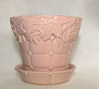 Vintage Mccoy Pottery Flower Pot W/ Attached Dish Pink Quilted Roses 5.  25 "