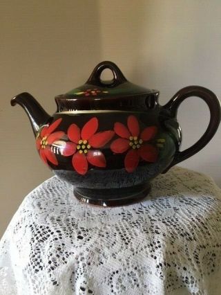 Vintage Royal Canadian Art Pottery Teapot Hand Painted On Dark Brown Glaze