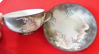 Vintage Porcelain Dragonware Moriage Cup & Saucer Takito Japan