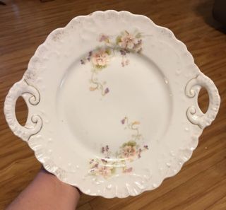 Vintage Porcelain Cake Plate W/ Handles - Floral Hand Painted Mark=44 Or Hh
