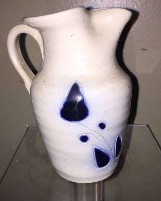 Williamsburg Pottery Salt Glaze Stoneware Cobalt Blue Leaf Pitcher Jug