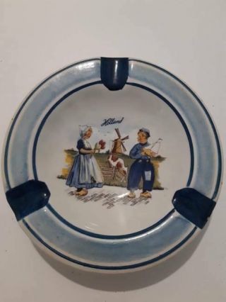 Vintage Delfts Blauw Hand Painted Agro Holland Ashtray Dutch Boy And Girl