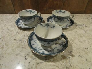 Vtg 3 Wharf Pottery England Venice Flow Blue White Gold Trim Cups & Saucers
