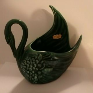 Vintage Royal Haeger Swan Planter / Art Pottery / Vase Dark Green With Sticker