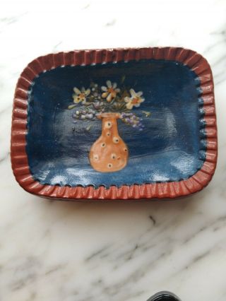 Primitive Redware Folk Art Small Tray Painted Flower Vase Pine Cone Mark