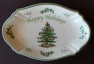 Spode Christmas Tree Happy Holidays Tray Oval Serving Dish 11 Inch Cookies W/box