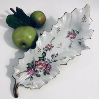 Vintage Arnart Porcelain Leaf Shaped Dish Pink Flowers Gold Trim 10 " Japan
