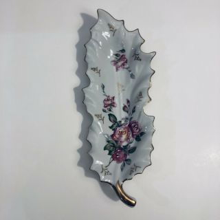Vintage ARNART Porcelain Leaf Shaped Dish Pink Flowers Gold Trim 10 