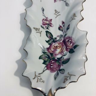 Vintage ARNART Porcelain Leaf Shaped Dish Pink Flowers Gold Trim 10 