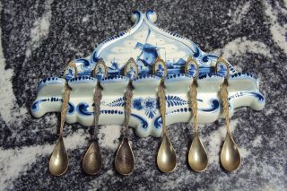 Vtg Delft Blauw Holland Hand Painted Wall Spoon Holder Display W Spoons Blue