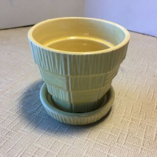 Vintage Mccoy Yellow Pottery Planter Pot W Saucer Basket Weave Pattern 3 1/4 " T