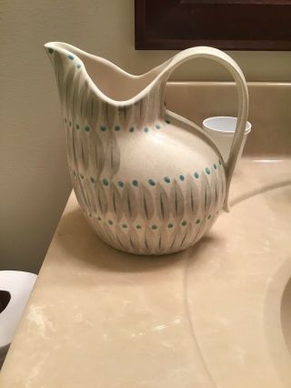 Vtg Red Wing Usa Mid Century Modern Aqua Turquoise Dots On Gray Design Pitcher