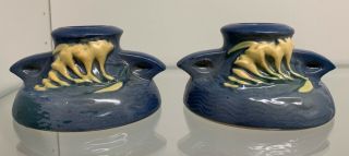 Vintage Roseville Pottery Blue Fressia Pair Candle Holders Pattern 1160 - 2