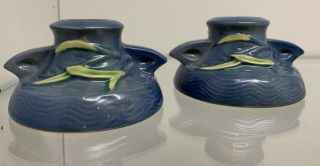 Vintage Roseville Pottery Blue Fressia Pair Candle Holders pattern 1160 - 2 2