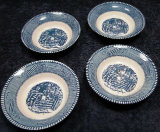 Royal China Currier Ives Blue White Berry Bowls Fruit Set Of 4