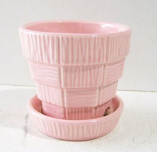 Small Vintage Mccoy Pottery Pink Flower Pot And Saucer -
