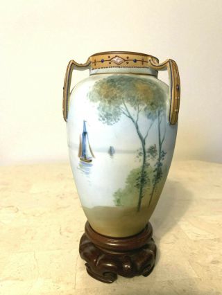 Unusual Vintage Signed Nippon Amphora Vase Hand Painted & Moriage Decoration