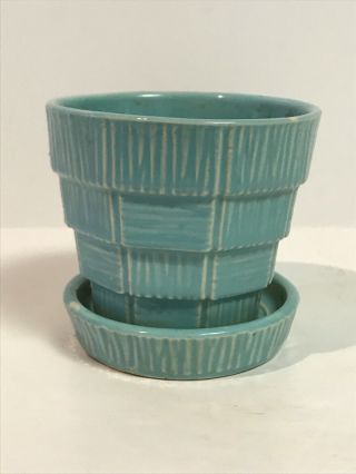 Vintage 1953 Mccoy Pottery Basket Weave 3 1/8 " Aqua Flower Pot