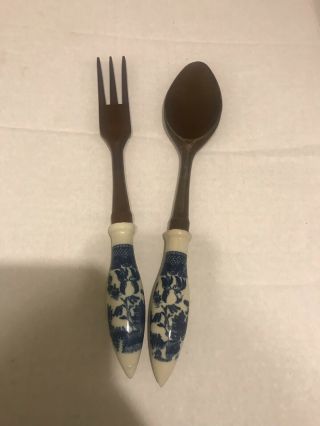 Vintage Flow Blue Willow Salad Spoon Fork Serving Set Wood W/ Ceramic Handles