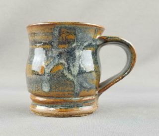 Hand Thrown Studio Pottery Fire Glazed Brown & Blue Coffee Mug / Tea Cup Signed