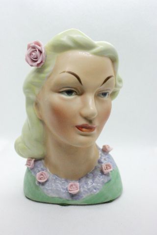Vintage Napco Gloria Swanson Lady Head Vase/planter S93c Rose In Hair & On Dress