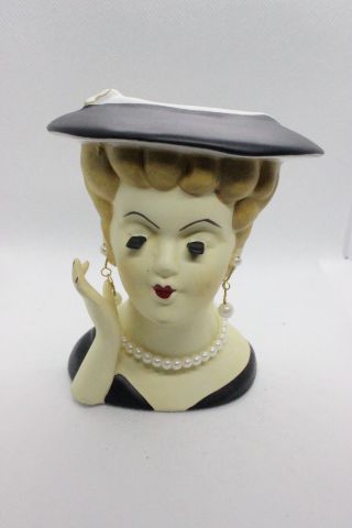 Vintage Nippon Lady Head Vase/planter Pearl Necklace & Earrings Hat Hand Painted