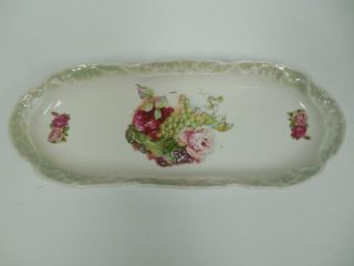 Unmarked Porcelain Rose And Grape Celery Oval Dish With Green Lustre Trim