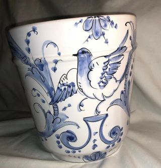 Vintage Italian Pottery Blue & White Flower Pot Planter Signed Italy 90/100