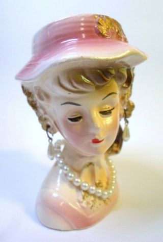 Vintage Small Head Vase - Lady With Pearl Earrings & Necklace Pink Hat 3.  5 " Tall