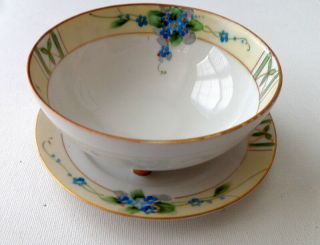 Nippon Footed Bowl With Under Plate - Blue Forget Me Not Flowers - Art Deco Trim