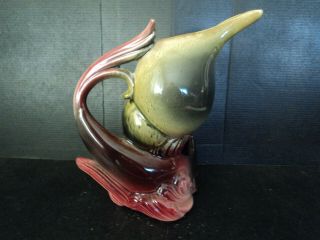 Vtg 1950 ' s Hull Art Pottery Ebb Tide Conch Shell & Fish Ewer Vase Planter USA 2