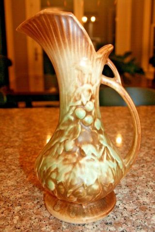 Vintage Mccoy Pottery 9 " Green Rustic Line Pitcher Shaped Vase W/grape Pattern