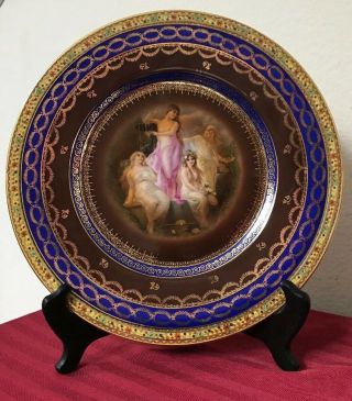 Antique Hand Paint Goddesses Bohemia Czech Cobalt Blue Signed Cabinet Plate 11”